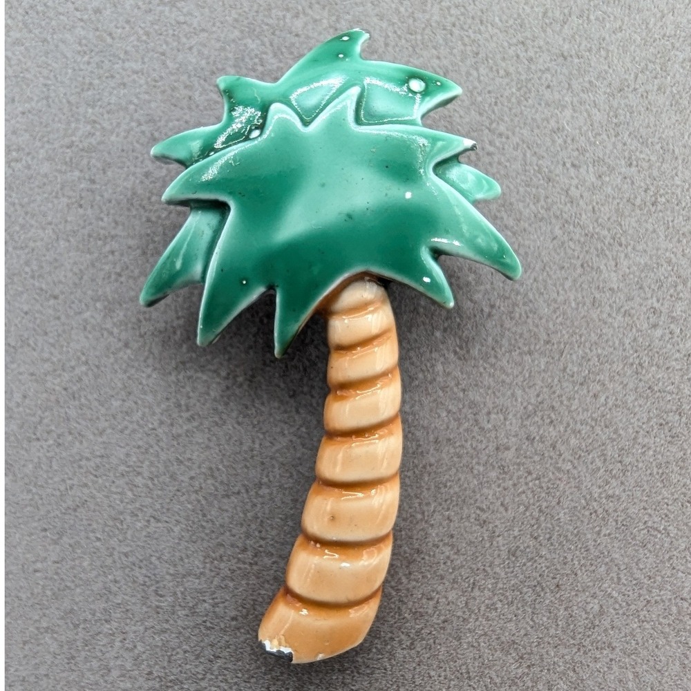 Vintage Green Enamel Palm Tree Brooch Tropical Summer Beach Pin Silver Tone 2"